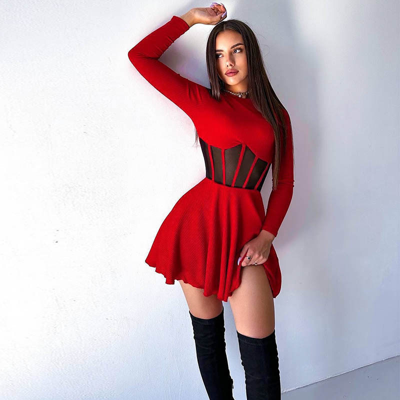 Women Half High Collar Long Sleeves h Fishbone Tight Waist Short Dress
