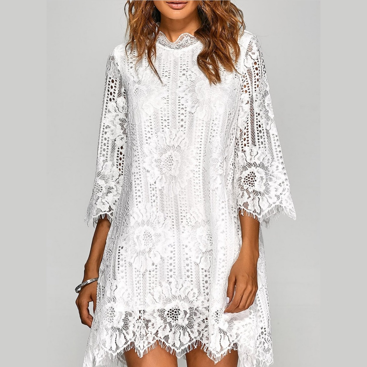 Elegant Sweet Style Women Loose Irregular Hem Plain Openwork Lace Mini Dress