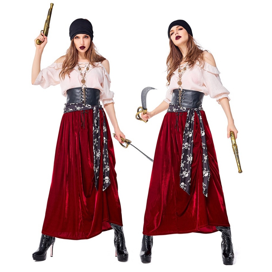 Women Caribbean Pirates Captain Costume Halloween Cosplay Suit Medoeval Gothic