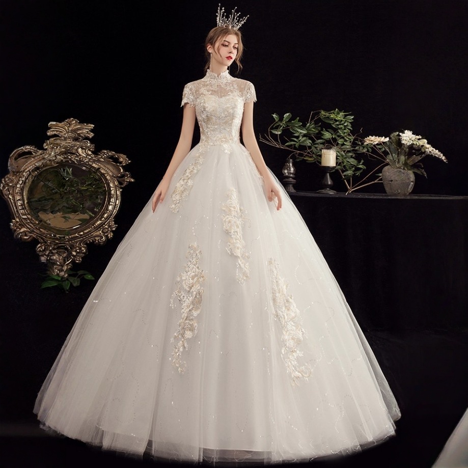 Wedding Dresses 2025High Neck Short Sleeve Appliques Lace Beading Pearl Sequins