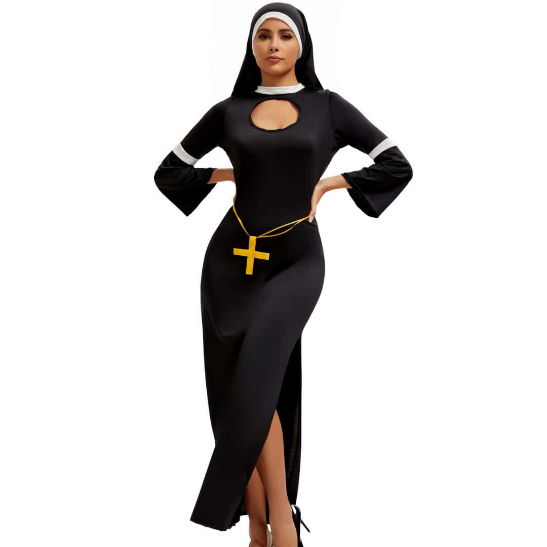 Sexy Cosplay Nun Costumes 3 Piece Sets Cutout Split Maxi Dresses
