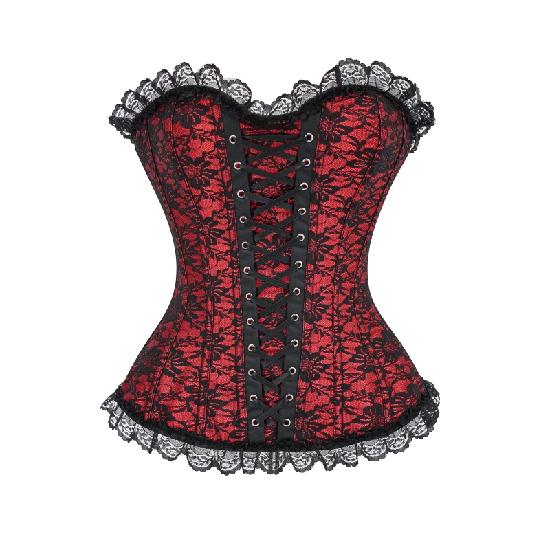 Womens Gothic Lace-Up Overbust Corset with Floral Jacquard and Lace Trim
