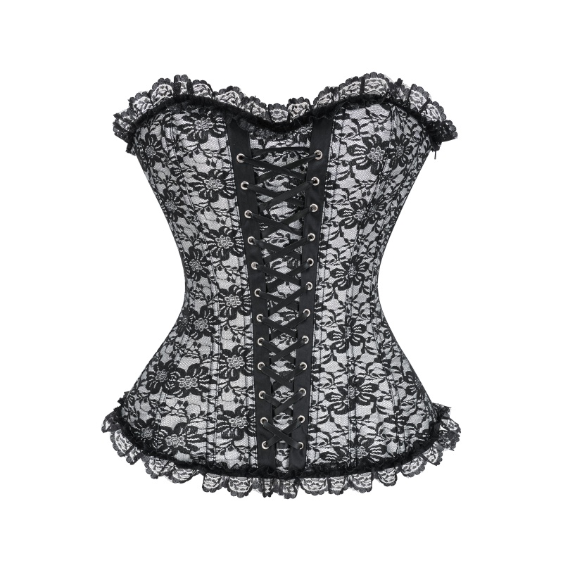 Womens Gothic Lace-Up Overbust Corset with Floral Jacquard and Lace Trim