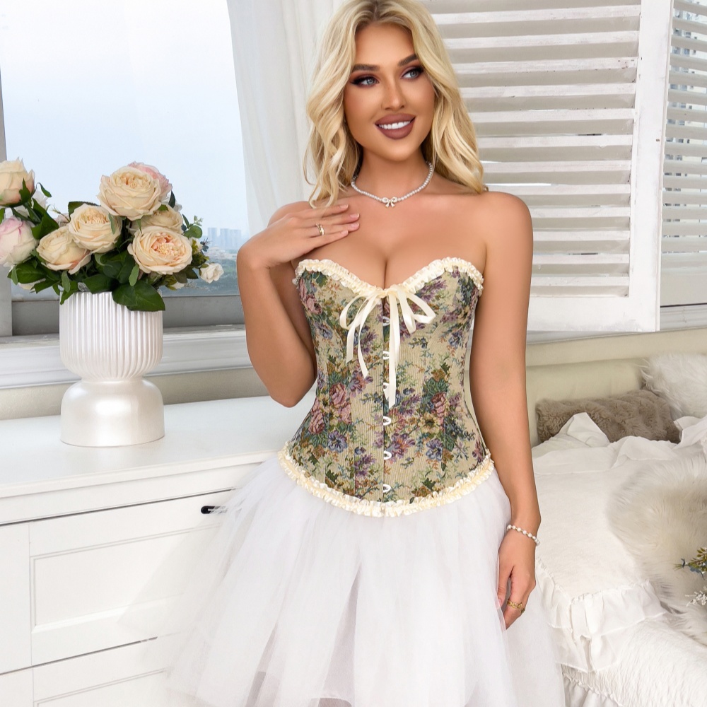 Women Vintage Oil Painting Ruffle Corset Top Lingerie