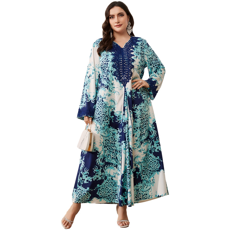 WomenS Plus Size Maxi Dress With Long Sleeve V-Neck And Floral Print
