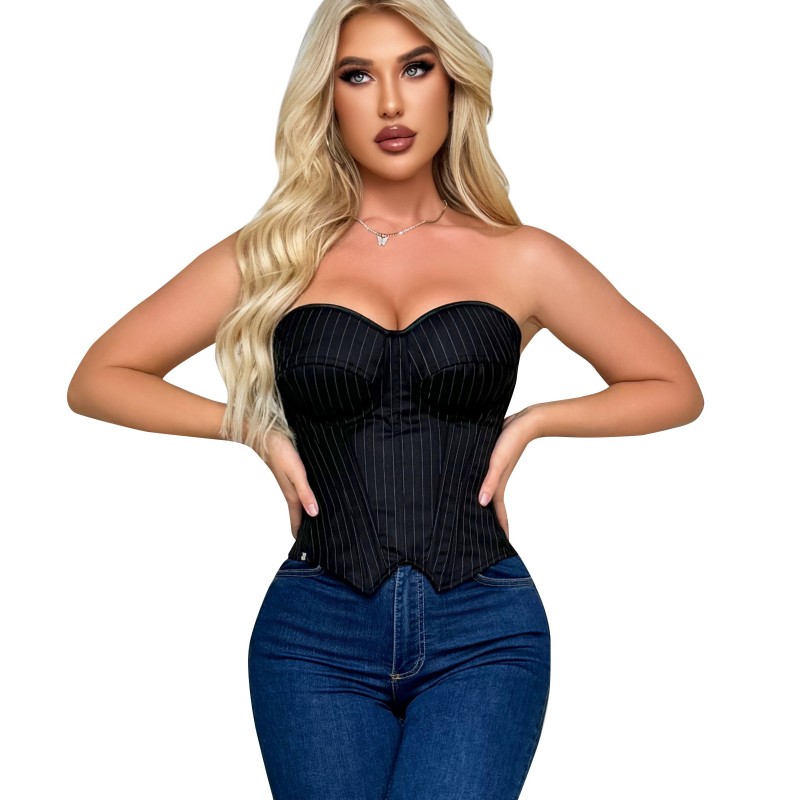 Striped Overbust Corset Fashion Lady Bra Bodices Corselet Zipper Bustier