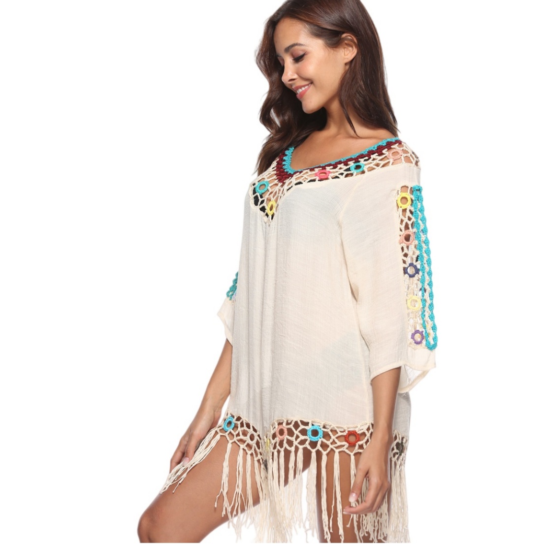 Womens Boho Beach Cover-Up With Tassel Hem - Sexy Crochet V-Neck Beach Dress