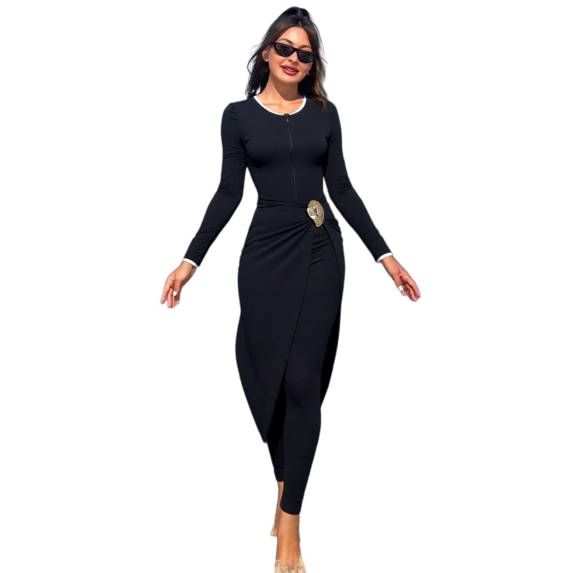 Womens Modest Long Sleeve Swimsuit Full Coverage Burkini Set with Gold Buckle
