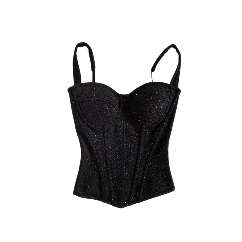 Black Sparkle Bustier Corset Top - Fishbone Strap Vest Elegant Slim Corset