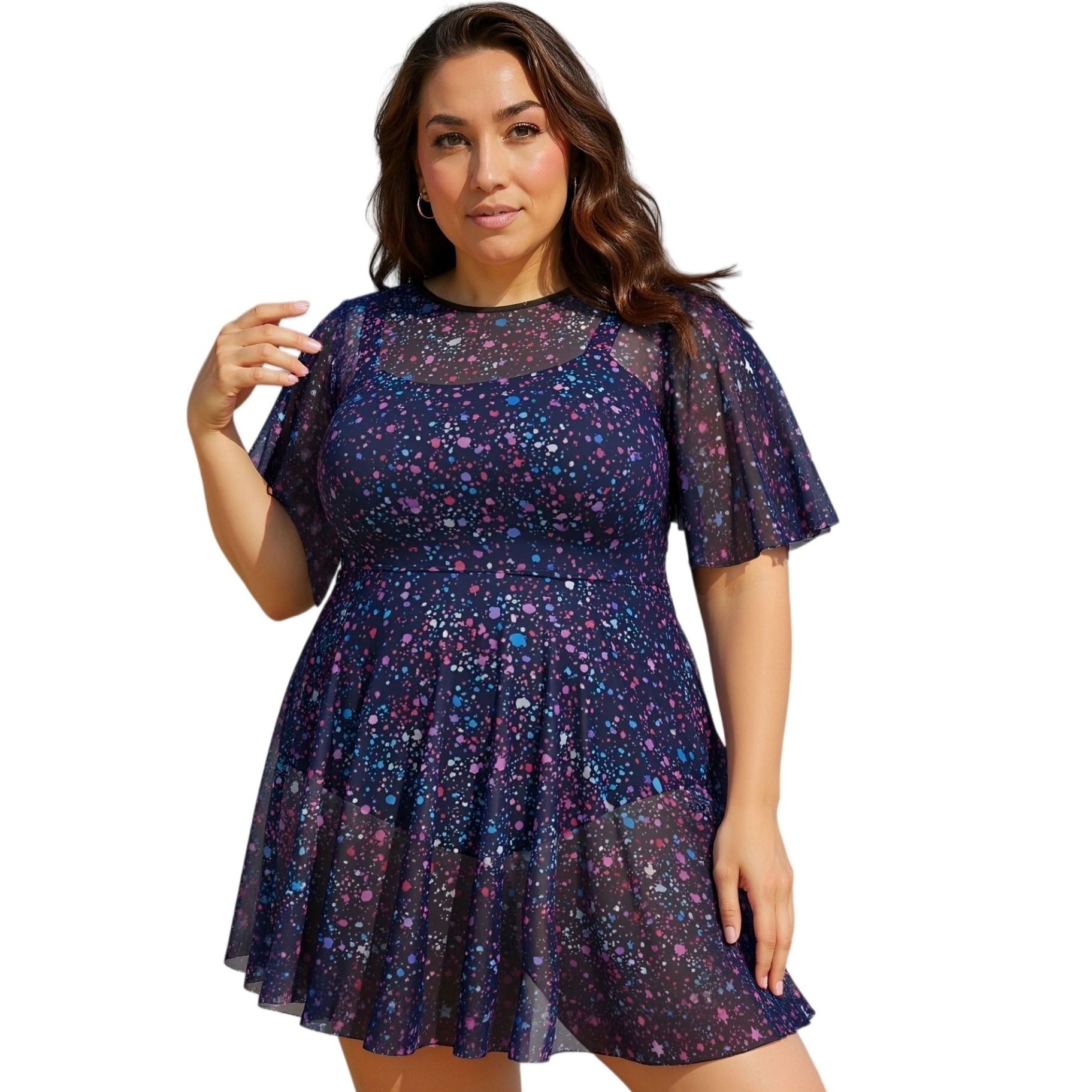 Plus Size Mesh Overlay One Piece Swimdress - 2026 High Waist Bikini