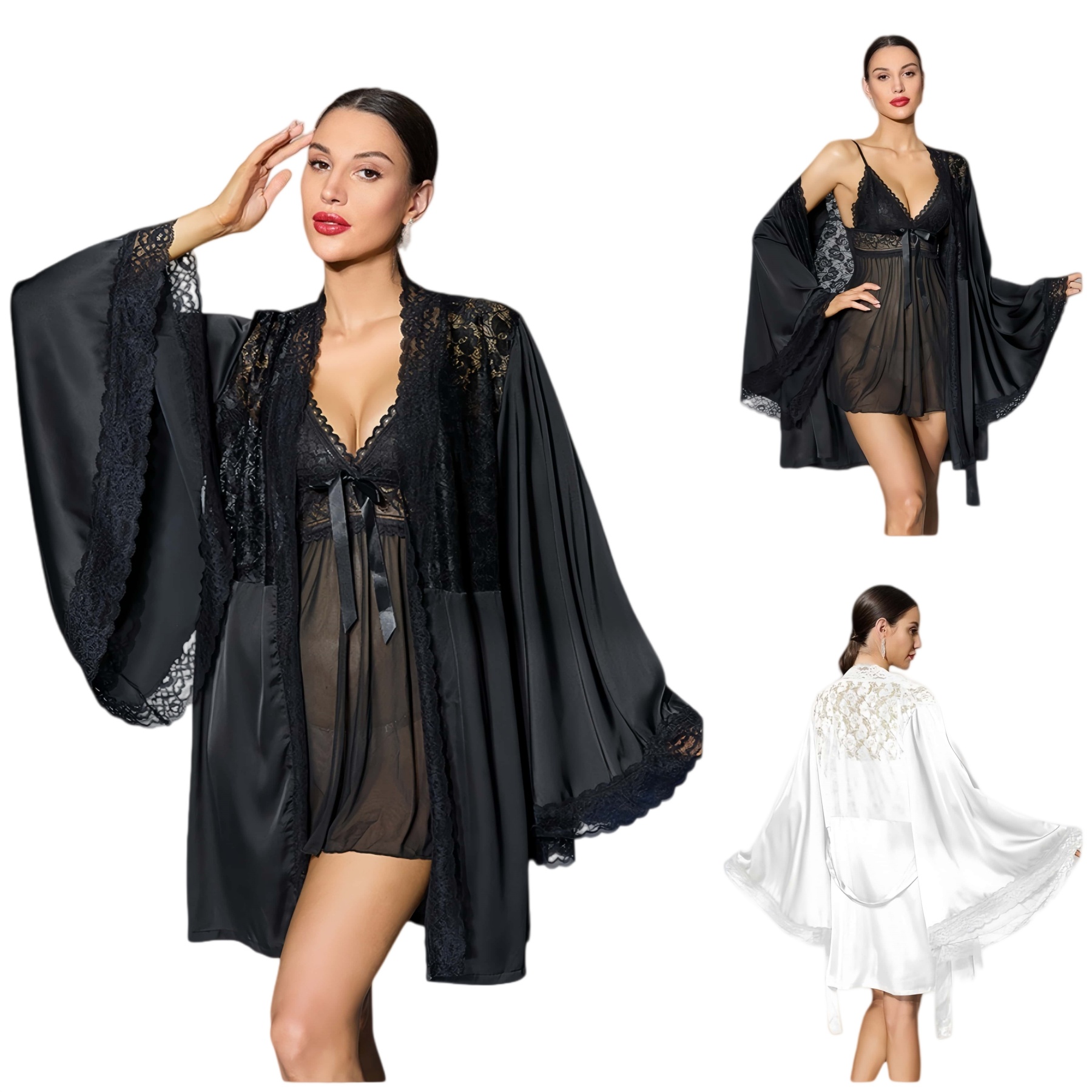 Womens Satin Lace Robe and Babydoll Nightgown Set - Sensual Chemise Sleepwear
